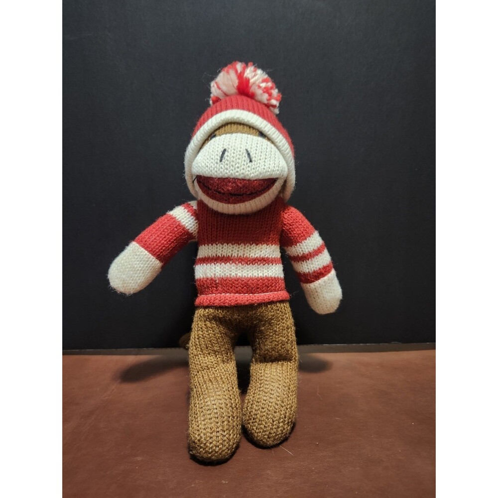Sock Monkey Knitted Plush Stuffed Monkey, Small 6-14 in, Red/White, Christmas